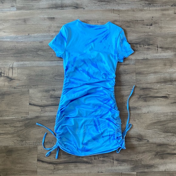 Tie Dye Baby Blue Aqua Bodycon Sexy Shirt Dress Mini Casual Short Sleeves - Picture 4 of 6